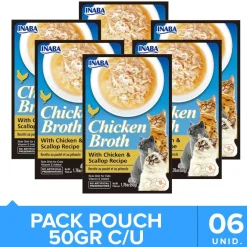 Inaba Churu Broth Pouch Gatos Sabor Pollo y Ostiones 50gr Pack 6 Unidades