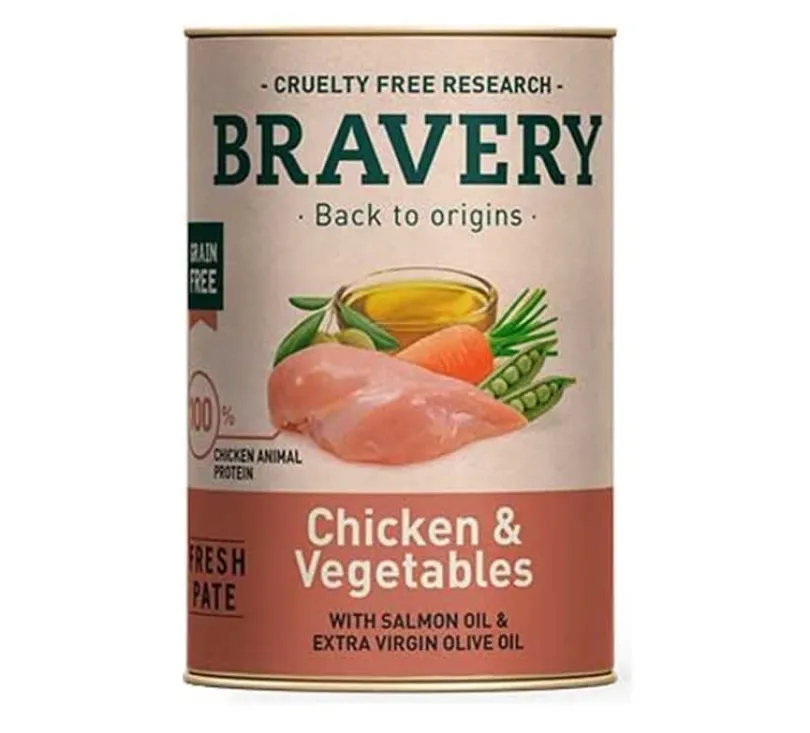 Lata Bravery Alimento Húmedo Natural para Perro Adulto Receta Pollo y Vegetales 290 g