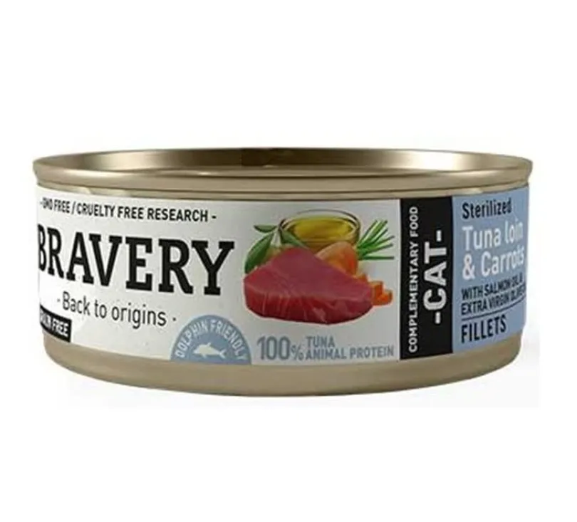 Lata Bravery Alimento Húmedo Natural para Gato Adulto Esterilizado Receta Atún y Zanahoria 70 g