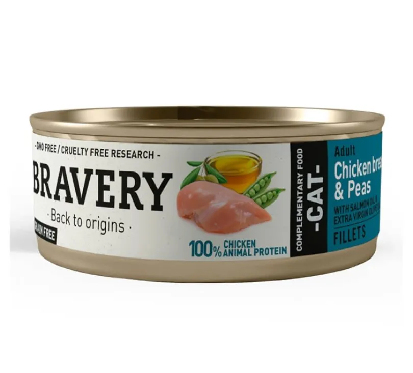 Lata Bravery Alimento Húmedo Para Gato Adulto Pechuga de pollo y Arvejas 70gr x12 Un