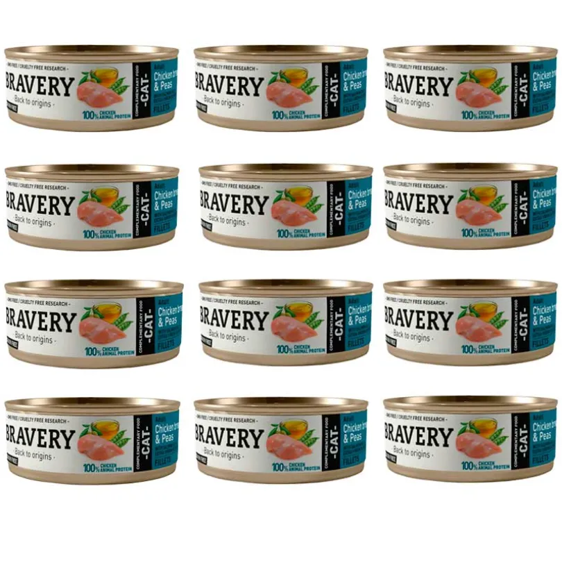 Lata Bravery Alimento Húmedo Para Gato Adulto Pechuga de pollo y Arvejas 70gr x12 Un